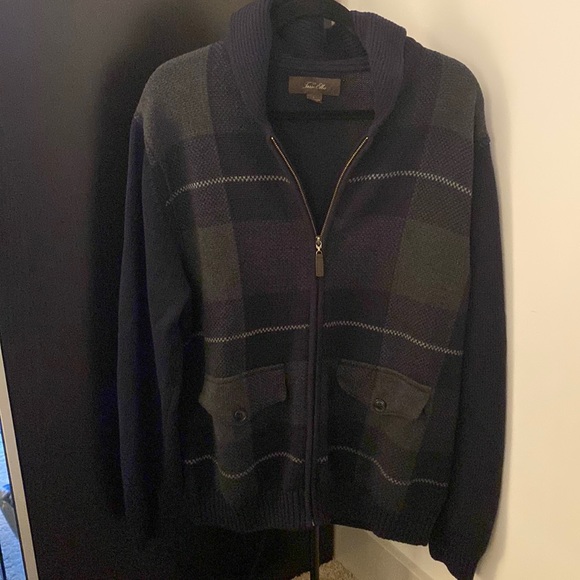 Tasso Elba grey and blue plaid zip up sweater with pockets - Picture 1 of 3